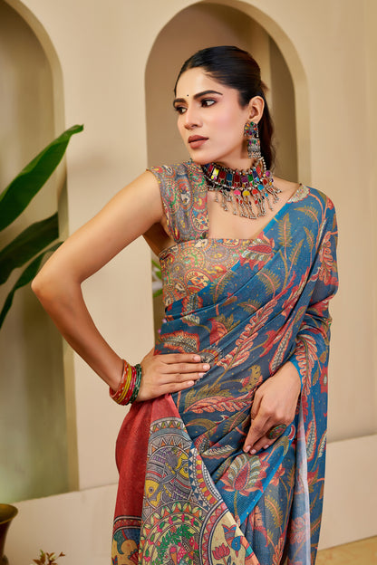 Teal Blue Tissue Silk Saree with Multicolour Floral Motifs, Coral Red Printed Pallu and Running Blouse for Festive Wear