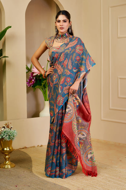 Teal Blue Tissue Silk Saree with Multicolour Floral Motifs, Coral Red Printed Pallu and Running Blouse for Festive Wear
