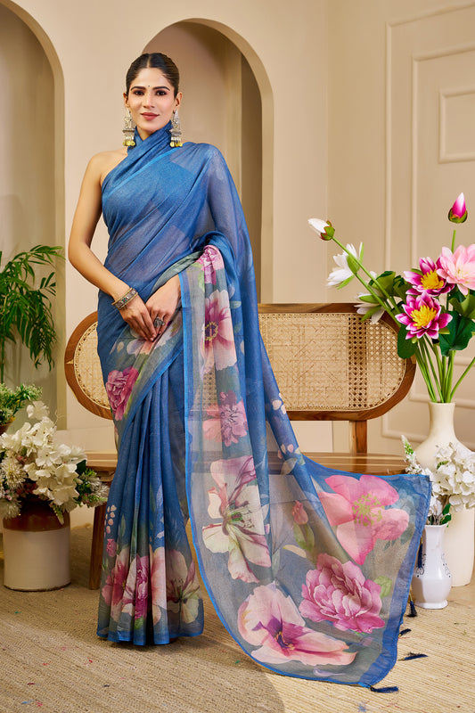 Blue Tissue Silk Saree with Pink Floral Design and Running Blouse for Festive Wear and Special Occasions, 6.3 Metres