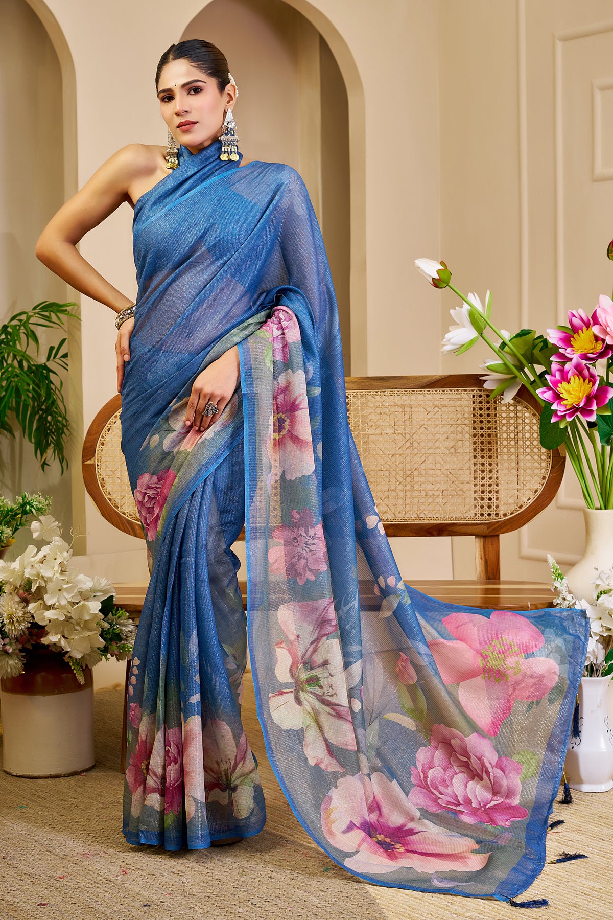 Blue Tissue Silk Saree with Pink Floral Design and Running Blouse for Festive Wear and Special Occasions, 6.3 Metres