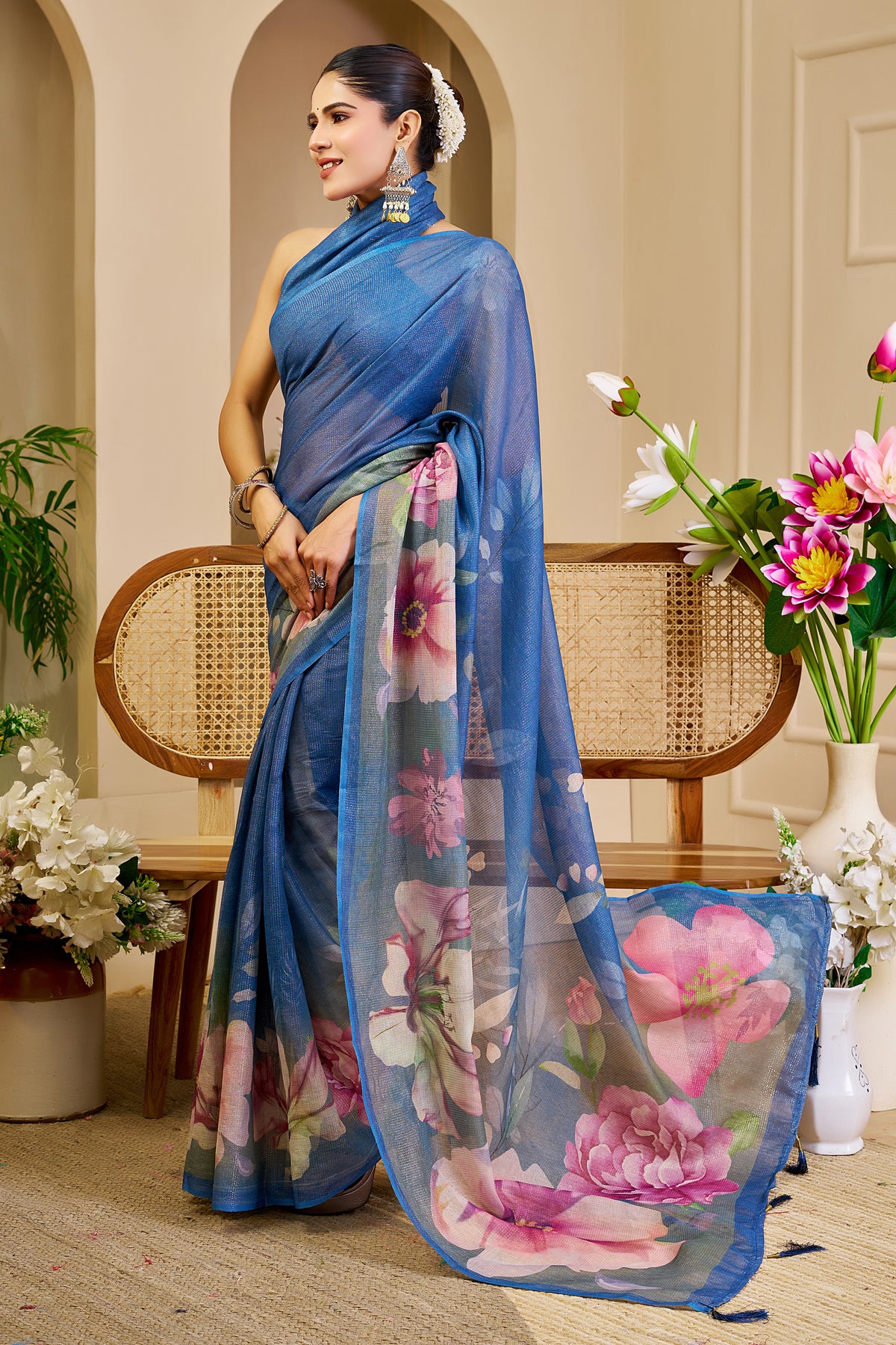 Blue Tissue Silk Saree with Pink Floral Design and Running Blouse for Festive Wear and Special Occasions, 6.3 Metres