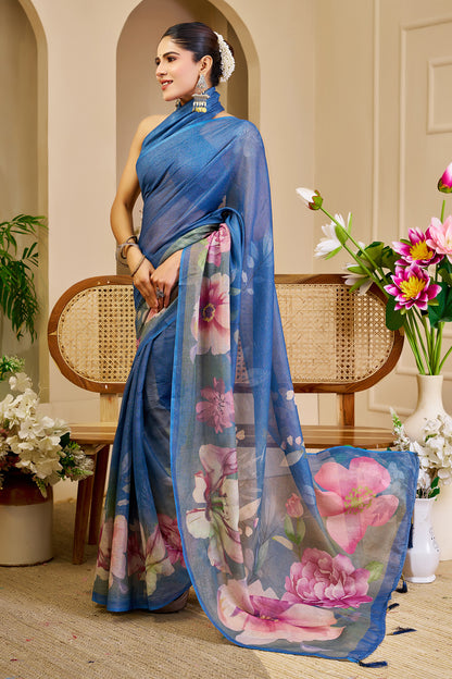 Blue Tissue Silk Saree with Pink Floral Design and Running Blouse for Festive Wear and Special Occasions, 6.3 Metres
