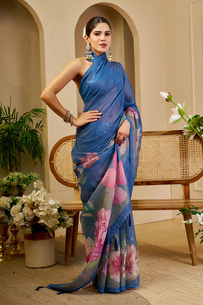 Blue Tissue Silk Saree with Pink Floral Design and Running Blouse for Festive Wear and Special Occasions, 6.3 Metres