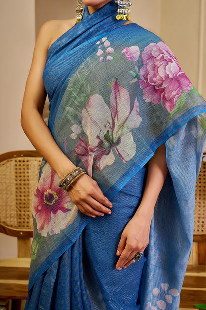 Blue Tissue Silk Saree with Pink Floral Design and Running Blouse for Festive Wear and Special Occasions, 6.3 Metres