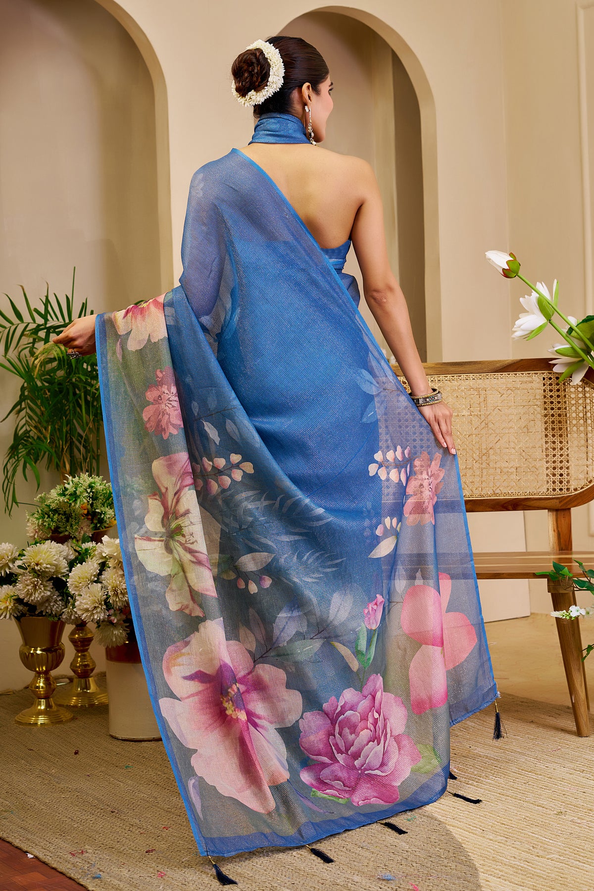 Blue Tissue Silk Saree with Pink Floral Design and Running Blouse for Festive Wear and Special Occasions, 6.3 Metres