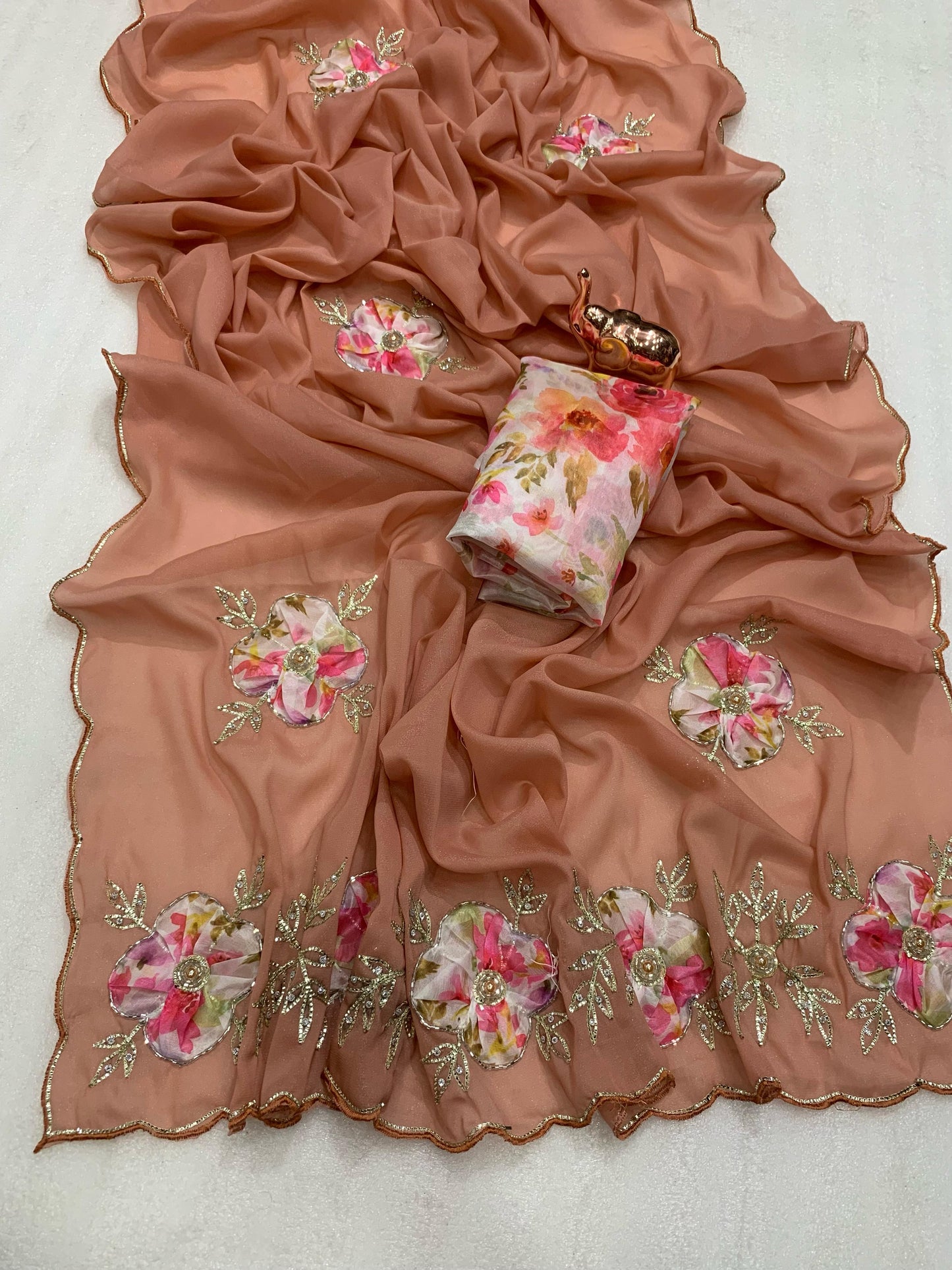 Heavy star georgette with flower digital printed , thread work and khatli work with moti work