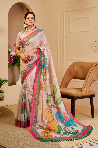 Ivory Beige Tissue Silk Saree with Colourful Parrot Print, Pink and Green Border and Running Blouse for Festive Wear