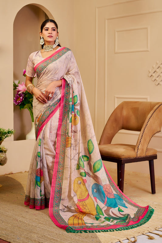Ivory Beige Tissue Silk Saree with Colourful Parrot Print, Pink and Green Border and Running Blouse for Festive Wear