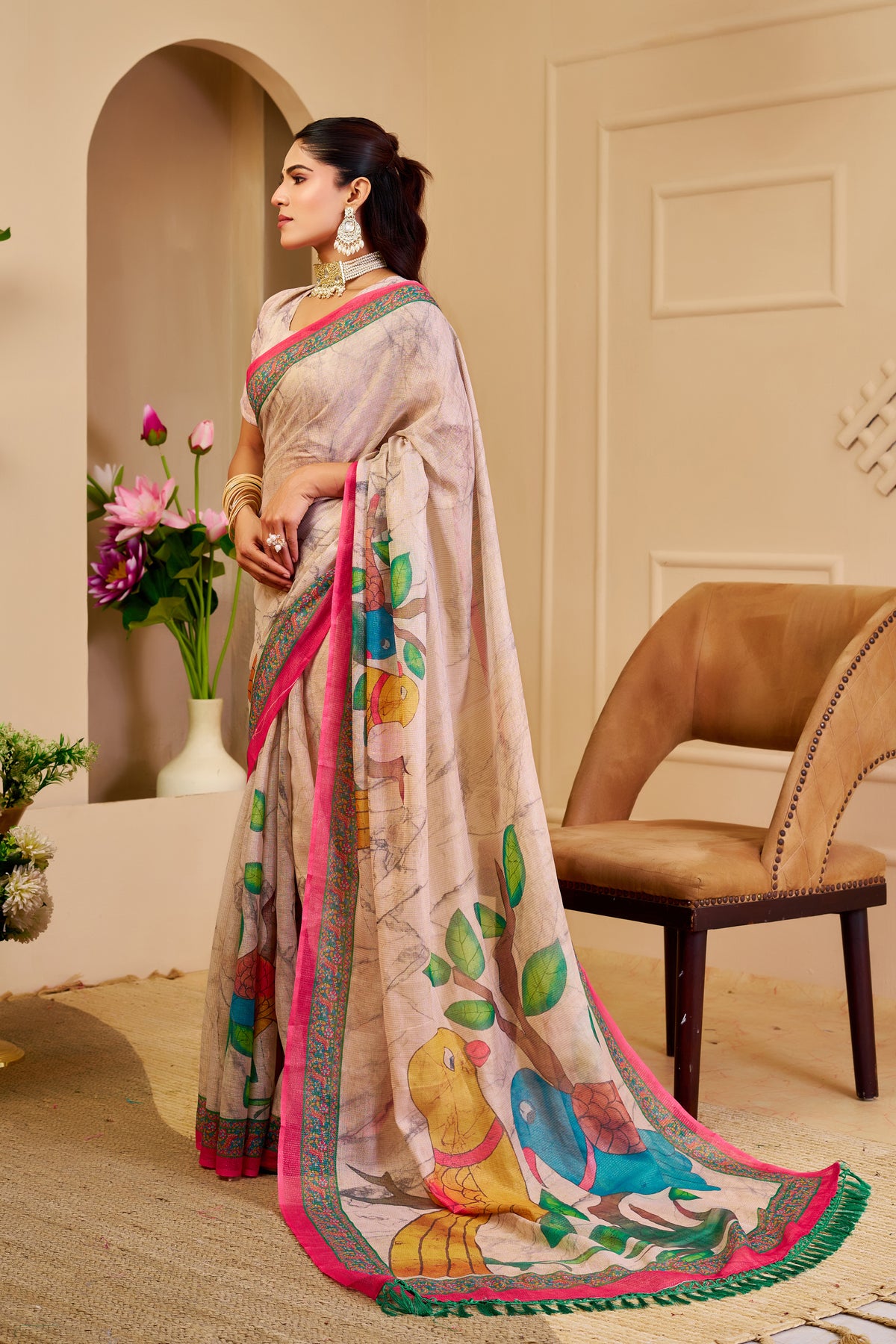 Ivory Beige Tissue Silk Saree with Colourful Parrot Print, Pink and Green Border and Running Blouse for Festive Wear