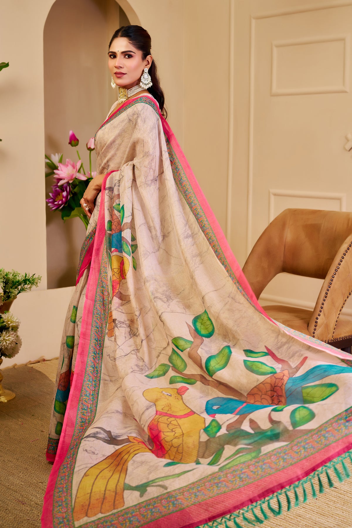 Ivory Beige Tissue Silk Saree with Colourful Parrot Print, Pink and Green Border and Running Blouse for Festive Wear