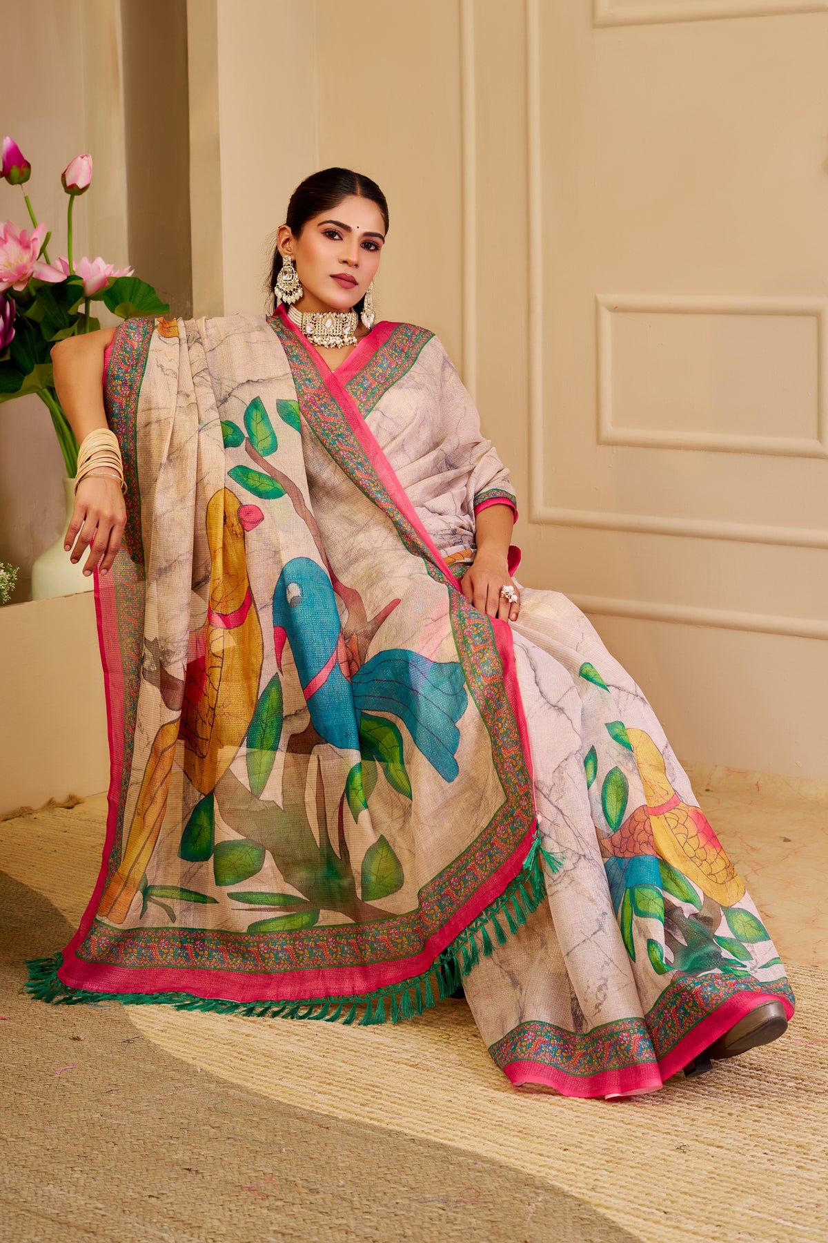 Ivory Beige Tissue Silk Saree with Colourful Parrot Print, Pink and Green Border and Running Blouse for Festive Wear