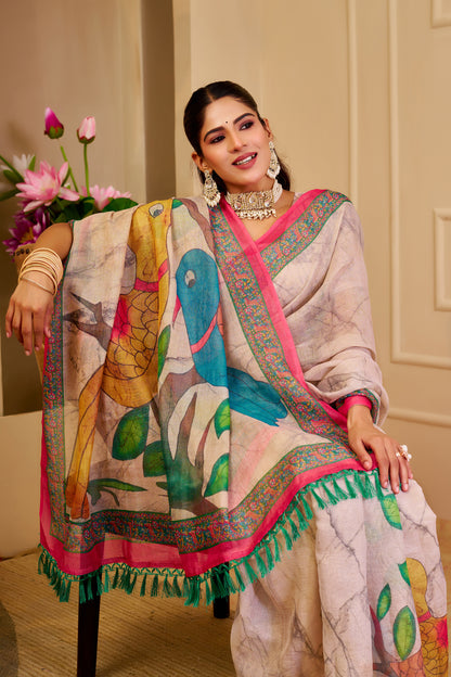Ivory Beige Tissue Silk Saree with Colourful Parrot Print, Pink and Green Border and Running Blouse for Festive Wear