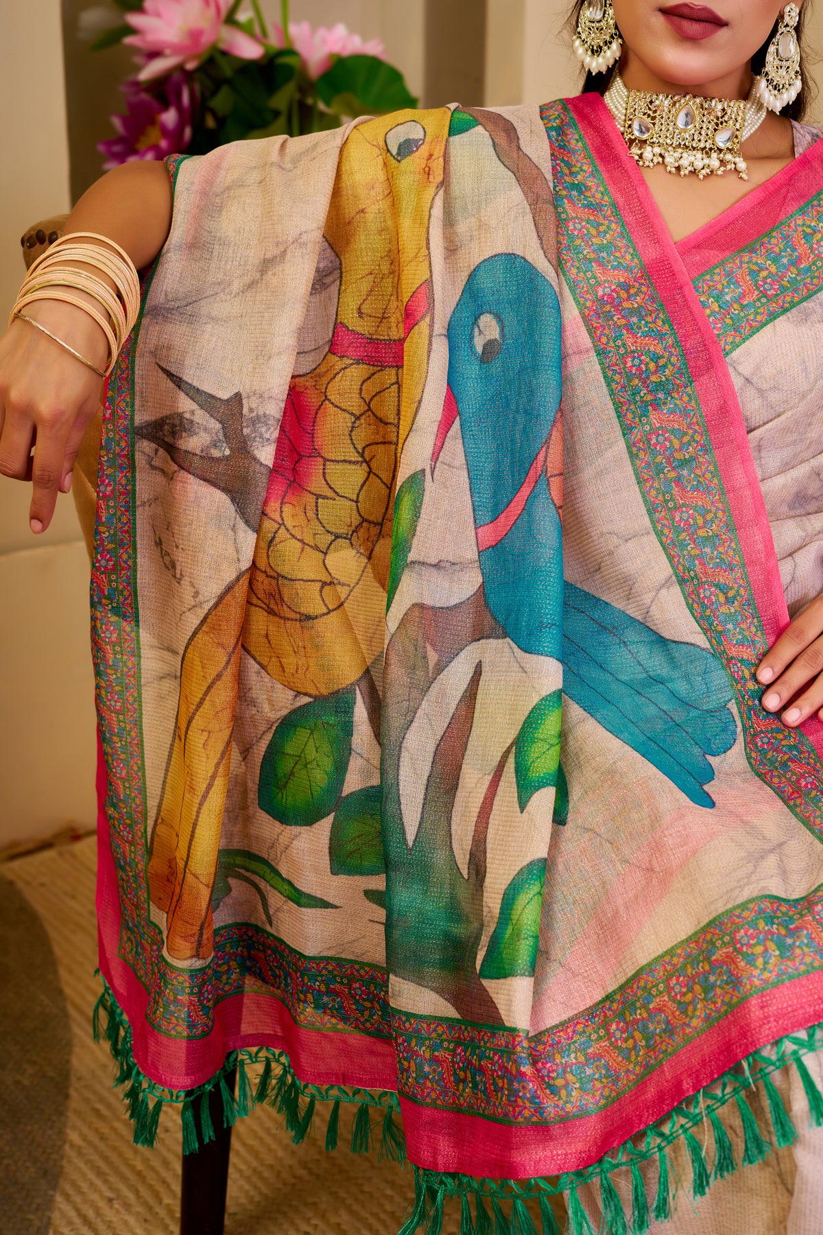 Ivory Beige Tissue Silk Saree with Colourful Parrot Print, Pink and Green Border and Running Blouse for Festive Wear