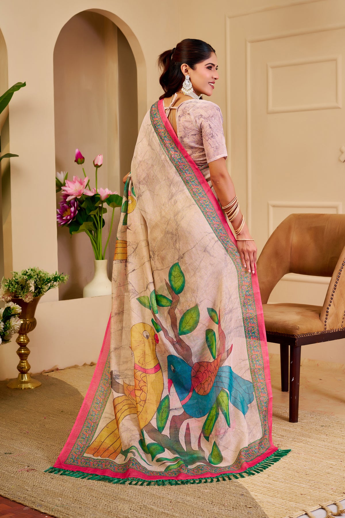 Ivory Beige Tissue Silk Saree with Colourful Parrot Print, Pink and Green Border and Running Blouse for Festive Wear