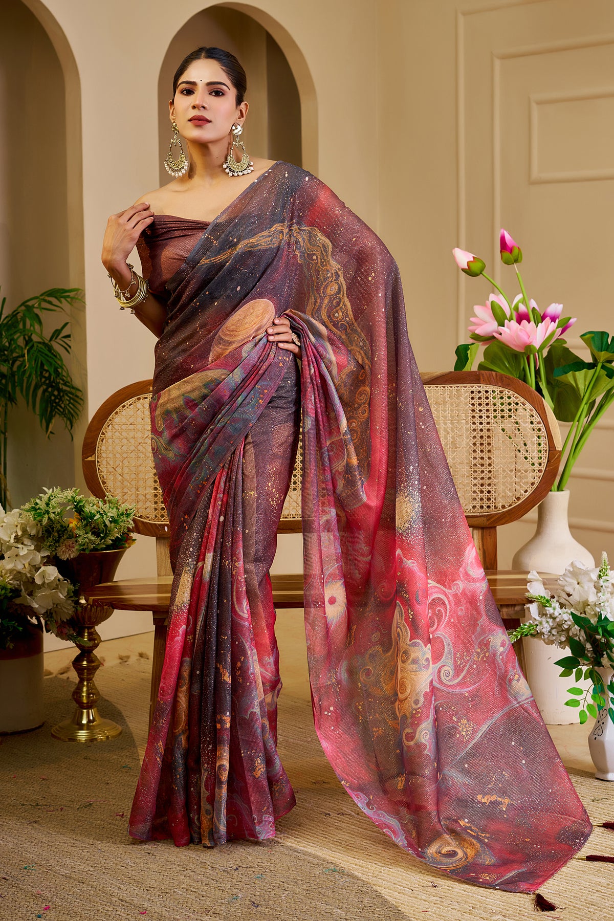 Mauve and Rose Pink Tissue Silk Saree with Multicolour Abstract Design, Shimmering Finish and Running Blouse for Festive Wear