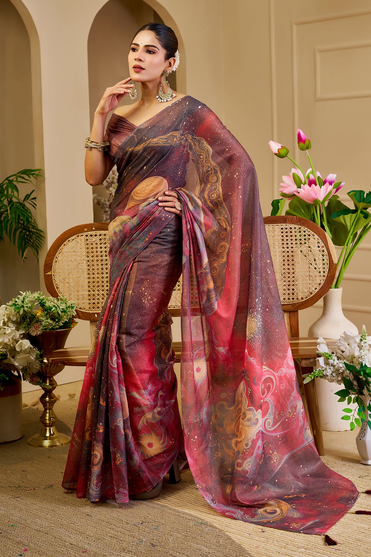 Mauve and Rose Pink Tissue Silk Saree with Multicolour Abstract Design, Shimmering Finish and Running Blouse for Festive Wear