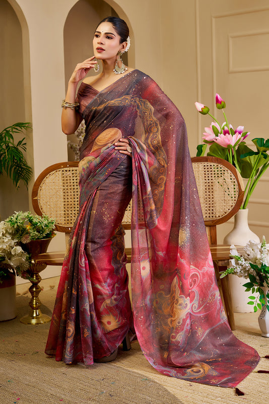 Mauve and Rose Pink Tissue Silk Saree with Multicolour Abstract Design, Shimmering Finish and Running Blouse for Festive Wear