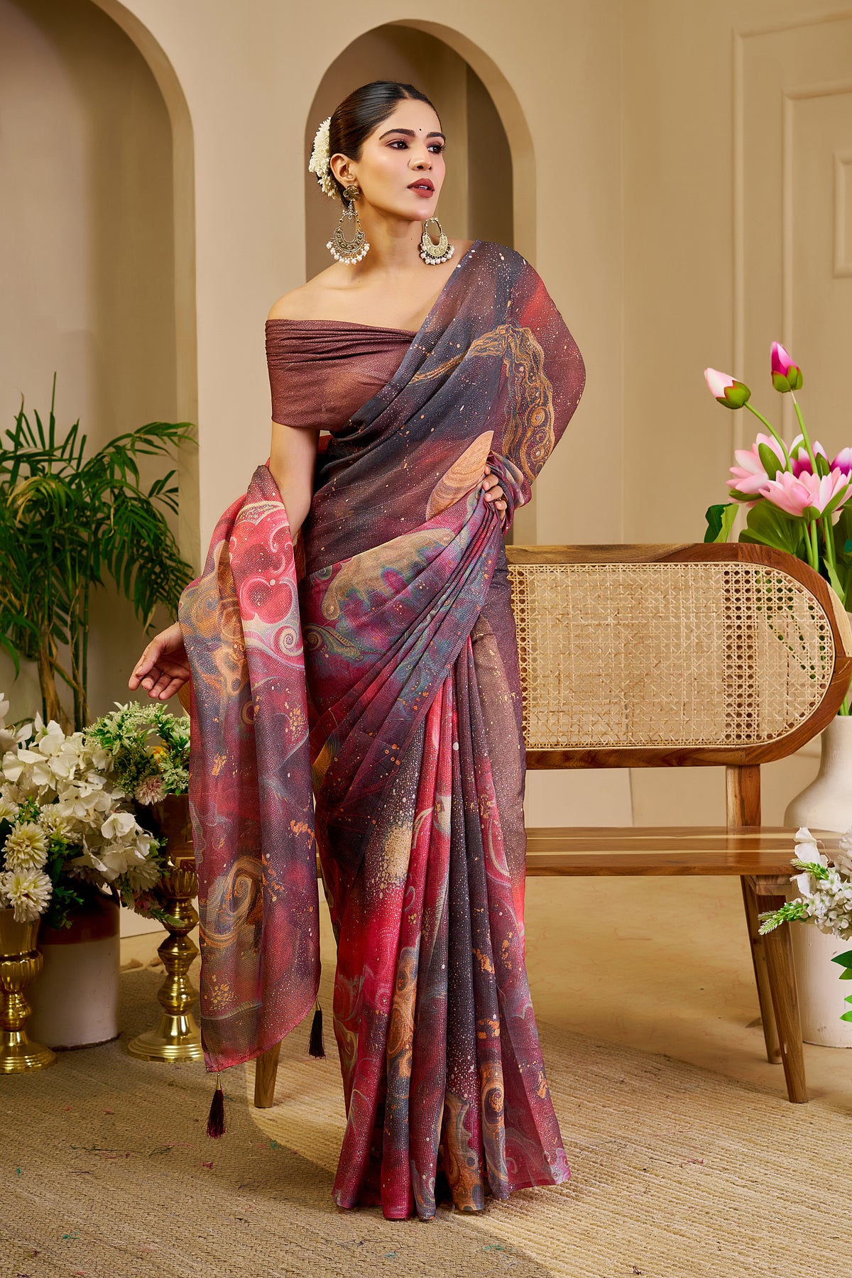 Mauve and Rose Pink Tissue Silk Saree with Multicolour Abstract Design, Shimmering Finish and Running Blouse for Festive Wear