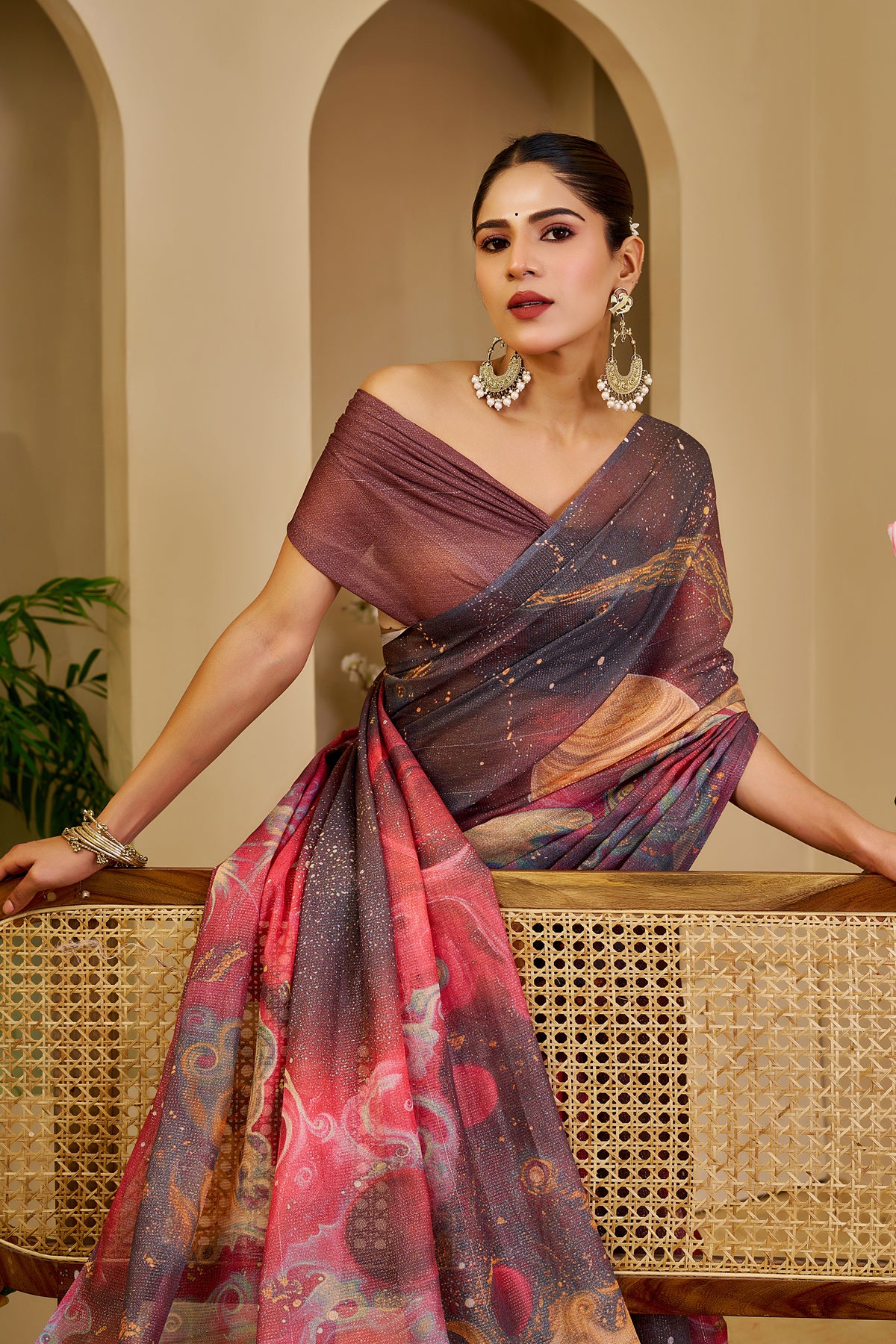 Mauve and Rose Pink Tissue Silk Saree with Multicolour Abstract Design, Shimmering Finish and Running Blouse for Festive Wear