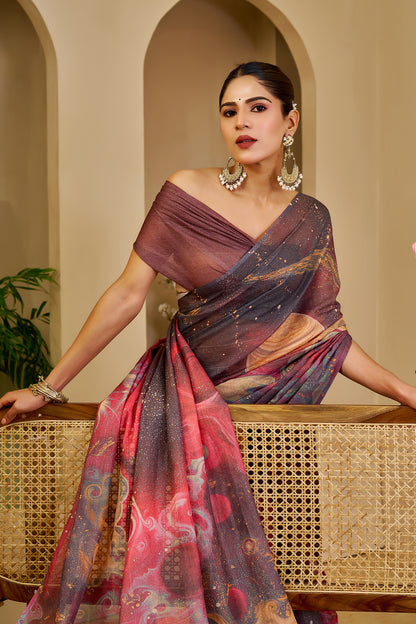 Mauve and Rose Pink Tissue Silk Saree with Multicolour Abstract Design, Shimmering Finish and Running Blouse for Festive Wear