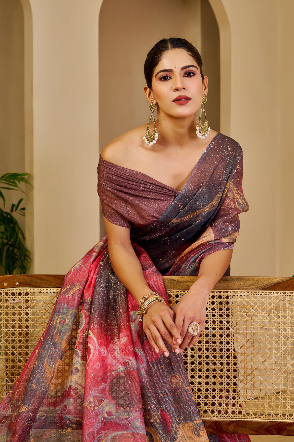 Mauve and Rose Pink Tissue Silk Saree with Multicolour Abstract Design, Shimmering Finish and Running Blouse for Festive Wear