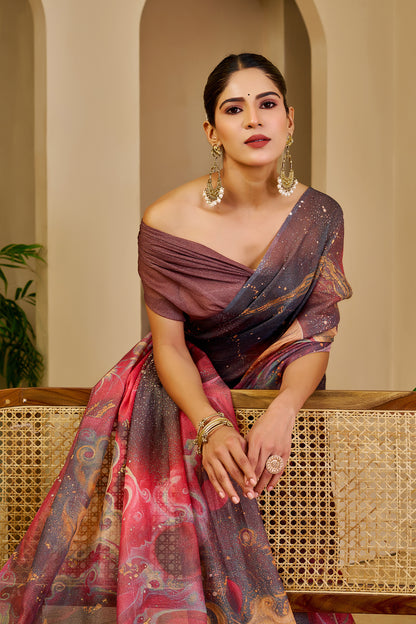 Mauve and Rose Pink Tissue Silk Saree with Multicolour Abstract Design, Shimmering Finish and Running Blouse for Festive Wear