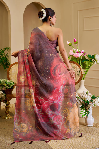 Mauve and Rose Pink Tissue Silk Saree with Multicolour Abstract Design, Shimmering Finish and Running Blouse for Festive Wear