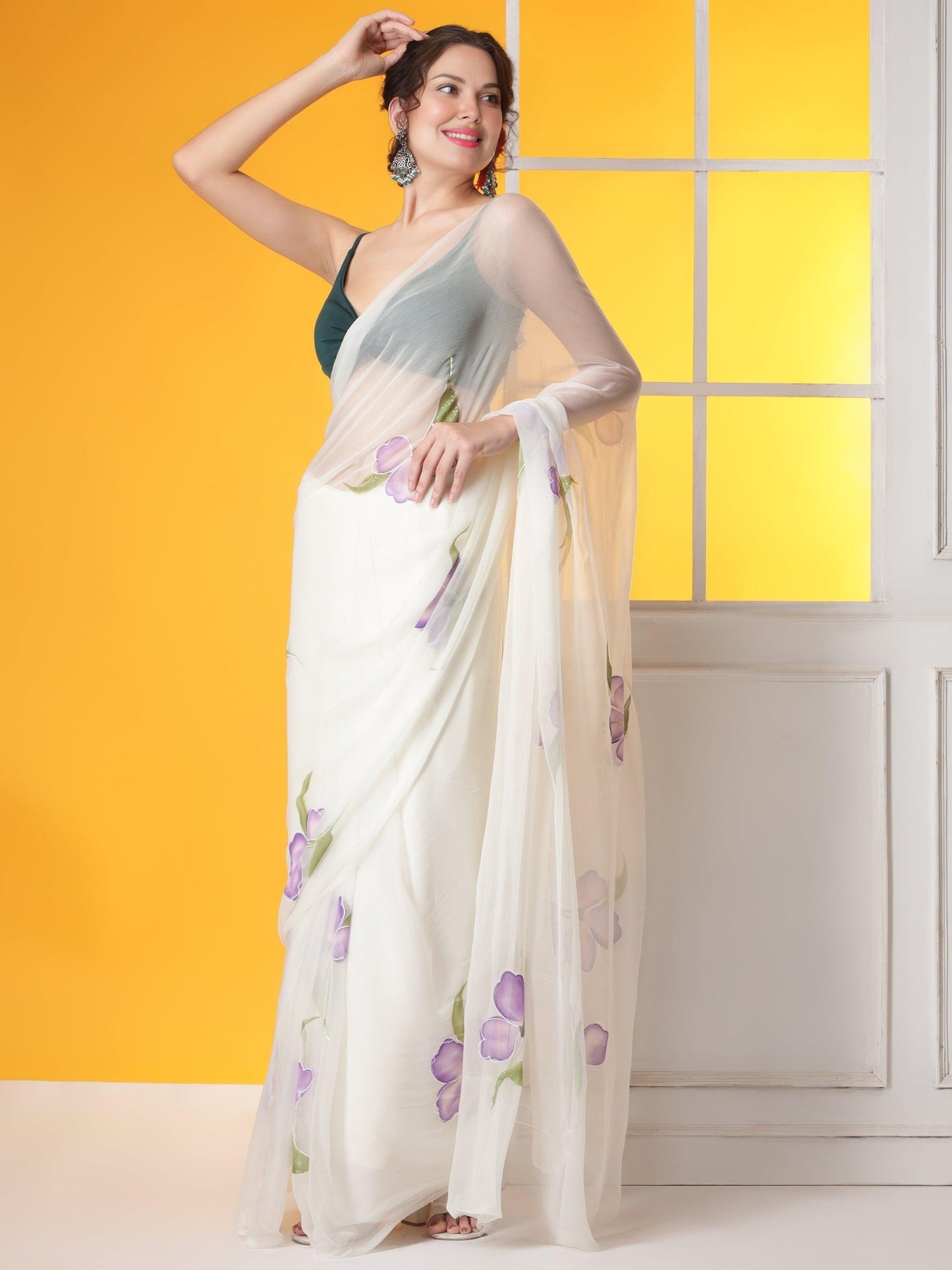 Off-white Lavender digital printed Chiffon Saree Set