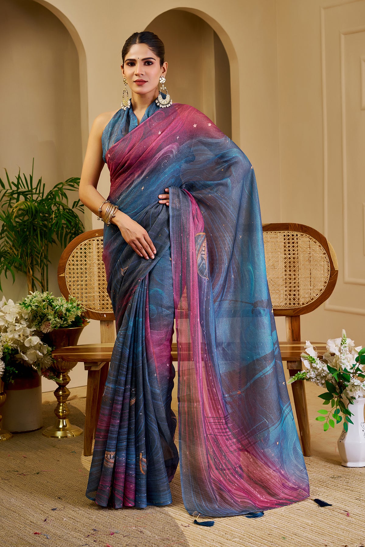 Teal Blue and Magenta Tissue Silk Saree with Shimmer Finish and Tassel Pallu, 6.3 Metres with Running Blouse for Festive Wear