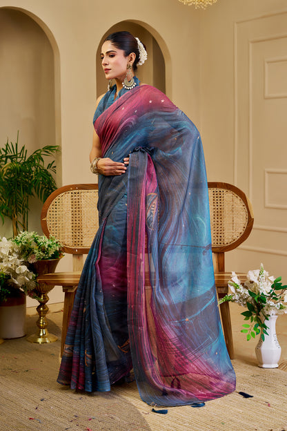 Teal Blue and Magenta Tissue Silk Saree with Shimmer Finish and Tassel Pallu, 6.3 Metres with Running Blouse for Festive Wear