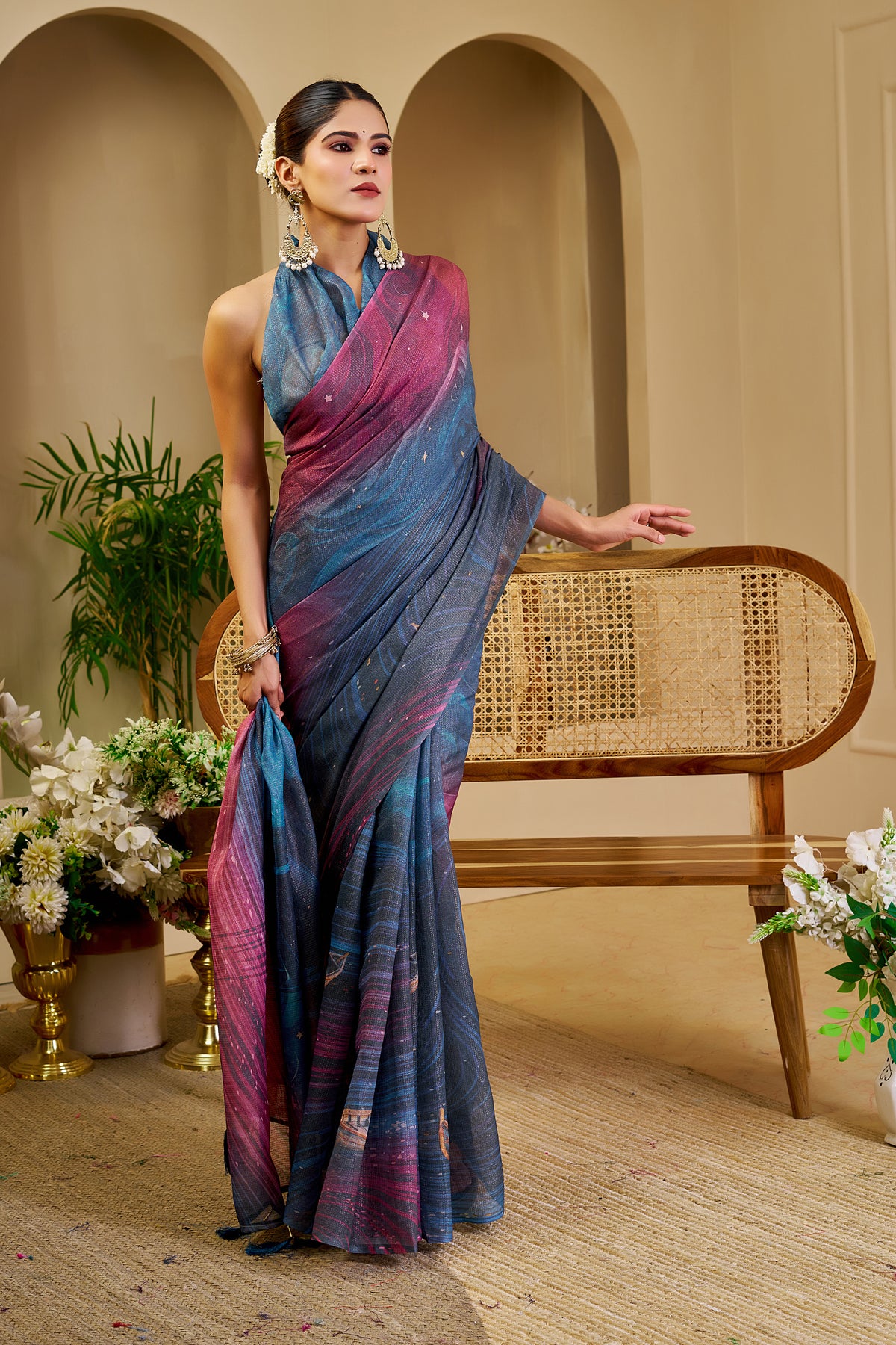 Teal Blue and Magenta Tissue Silk Saree with Shimmer Finish and Tassel Pallu, 6.3 Metres with Running Blouse for Festive Wear