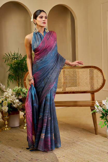 Teal Blue and Magenta Tissue Silk Saree with Shimmer Finish and Tassel Pallu, 6.3 Metres with Running Blouse for Festive Wear