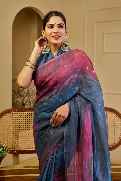 Teal Blue and Magenta Tissue Silk Saree with Shimmer Finish and Tassel Pallu, 6.3 Metres with Running Blouse for Festive Wear