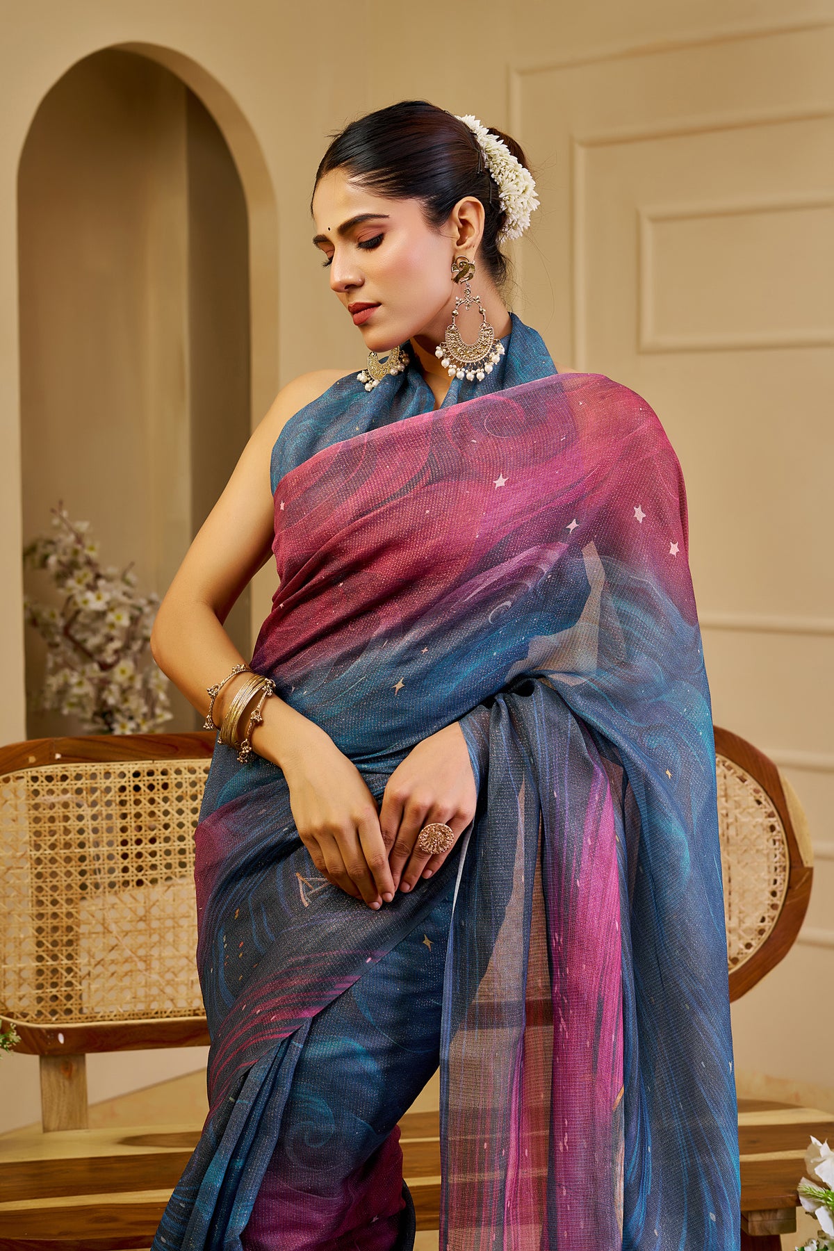 Teal Blue and Magenta Tissue Silk Saree with Shimmer Finish and Tassel Pallu, 6.3 Metres with Running Blouse for Festive Wear