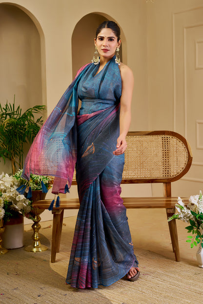 Teal Blue and Magenta Tissue Silk Saree with Shimmer Finish and Tassel Pallu, 6.3 Metres with Running Blouse for Festive Wear