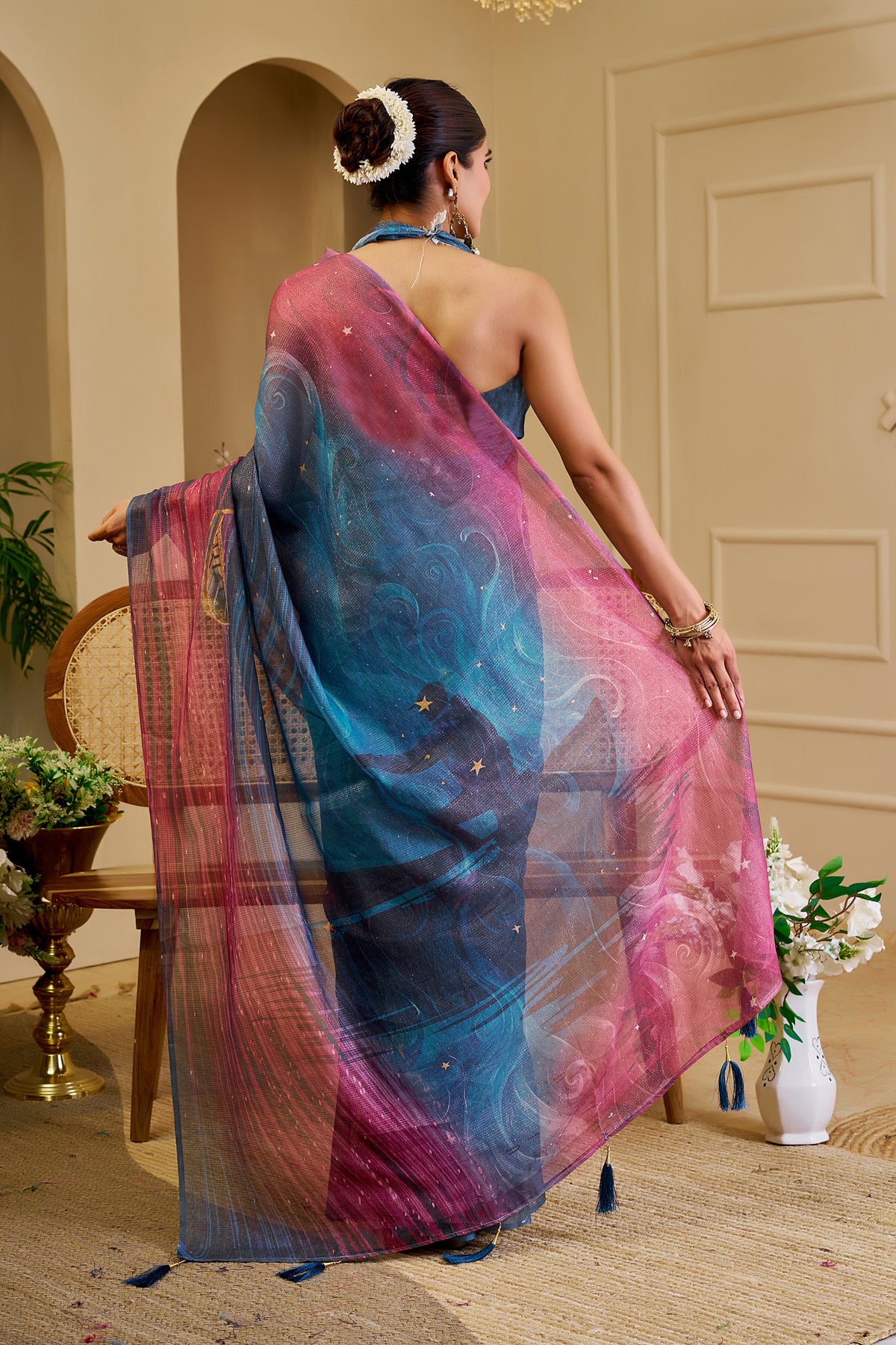 Teal Blue and Magenta Tissue Silk Saree with Shimmer Finish and Tassel Pallu, 6.3 Metres with Running Blouse for Festive Wear
