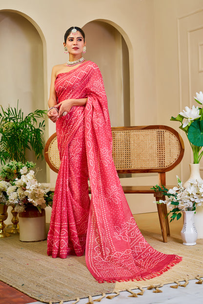 Coral Pink Tissue Silk Saree with Bandhani-Inspired Floral Motifs and Tasselled Pallu for Festive Wear with Running Blouse