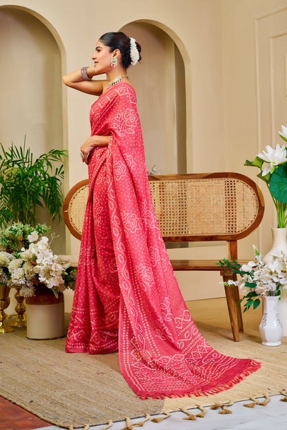 Coral Pink Tissue Silk Saree with Bandhani-Inspired Floral Motifs and Tasselled Pallu for Festive Wear with Running Blouse