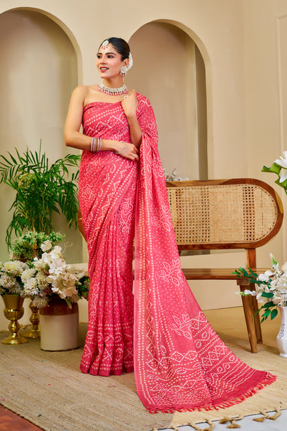 Coral Pink Tissue Silk Saree with Bandhani-Inspired Floral Motifs and Tasselled Pallu for Festive Wear with Running Blouse