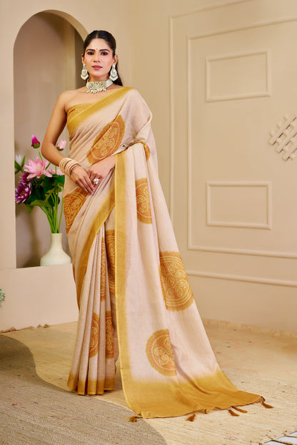 Cream and Gold Tissue Silk Saree with Ornate Circular Motifs, Golden Border and Running Blouse for Festive Occasions