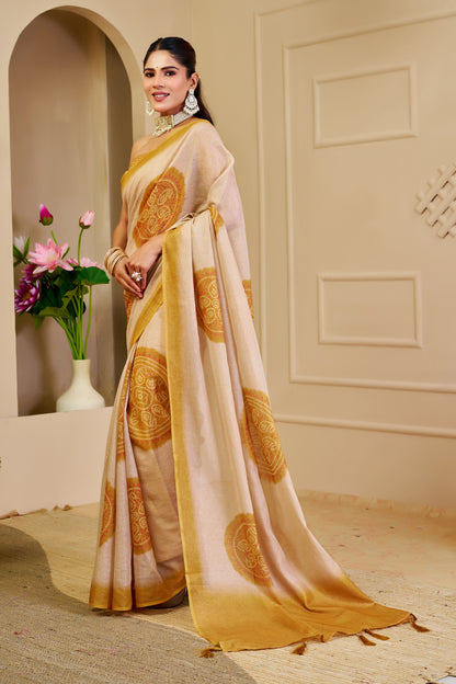 Cream and Gold Tissue Silk Saree with Ornate Circular Motifs, Golden Border and Running Blouse for Festive Occasions