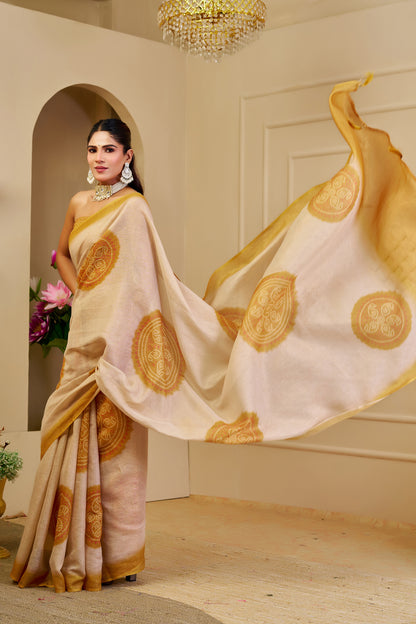 Cream and Gold Tissue Silk Saree with Ornate Circular Motifs, Golden Border and Running Blouse for Festive Occasions