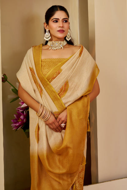 Cream and Gold Tissue Silk Saree with Ornate Circular Motifs, Golden Border and Running Blouse for Festive Occasions