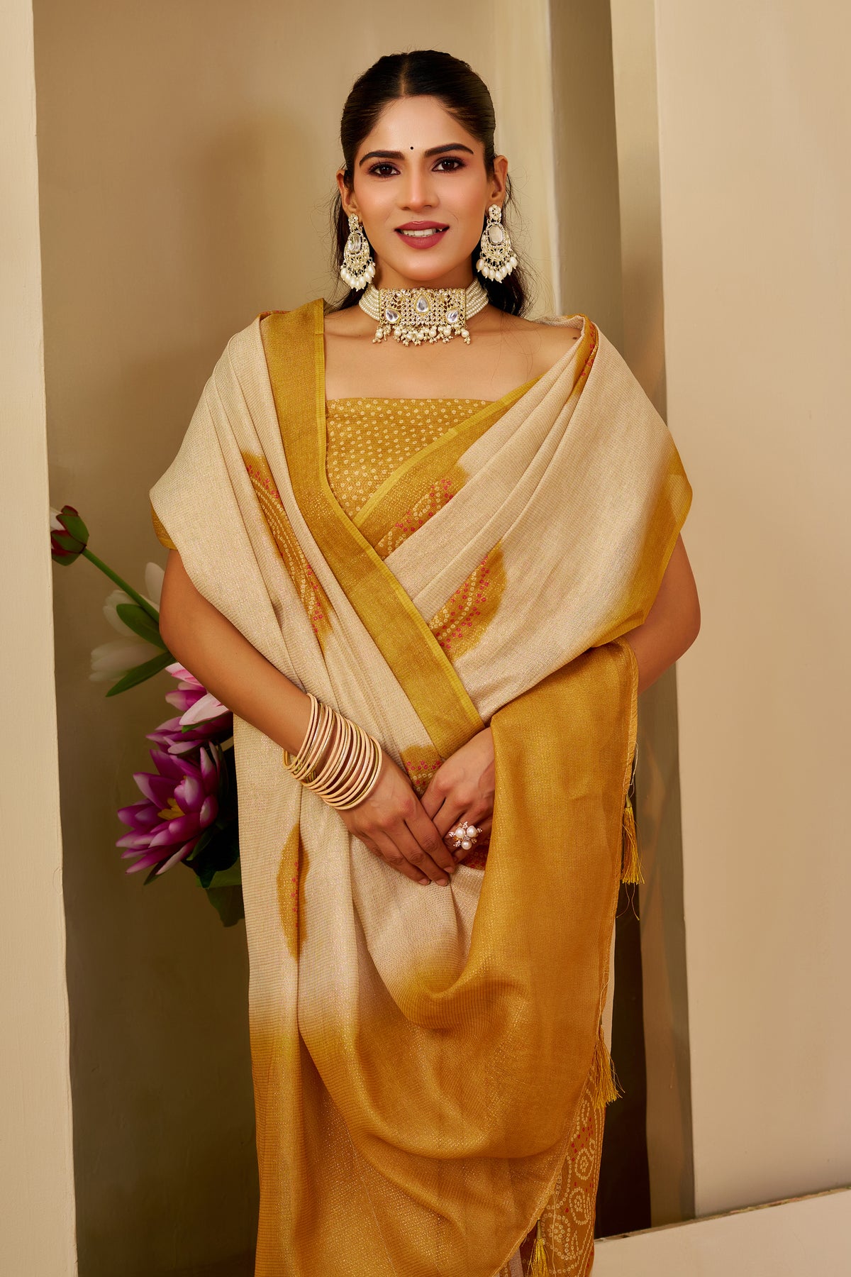 Cream and Gold Tissue Silk Saree with Ornate Circular Motifs, Golden Border and Running Blouse for Festive Occasions