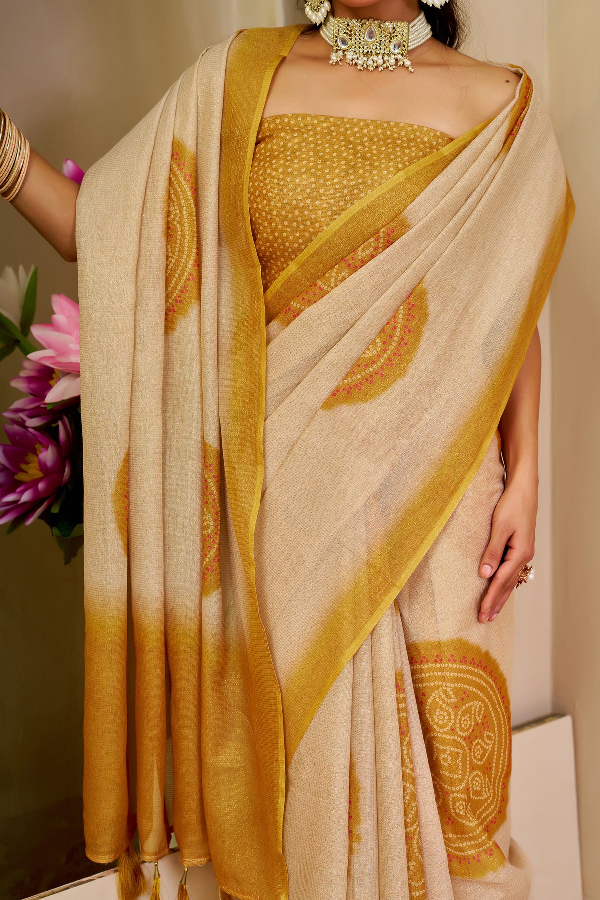 Cream and Gold Tissue Silk Saree with Ornate Circular Motifs, Golden Border and Running Blouse for Festive Occasions