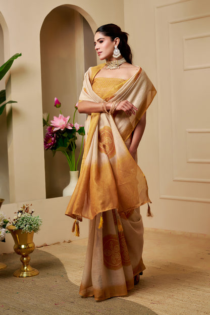 Cream and Gold Tissue Silk Saree with Ornate Circular Motifs, Golden Border and Running Blouse for Festive Occasions