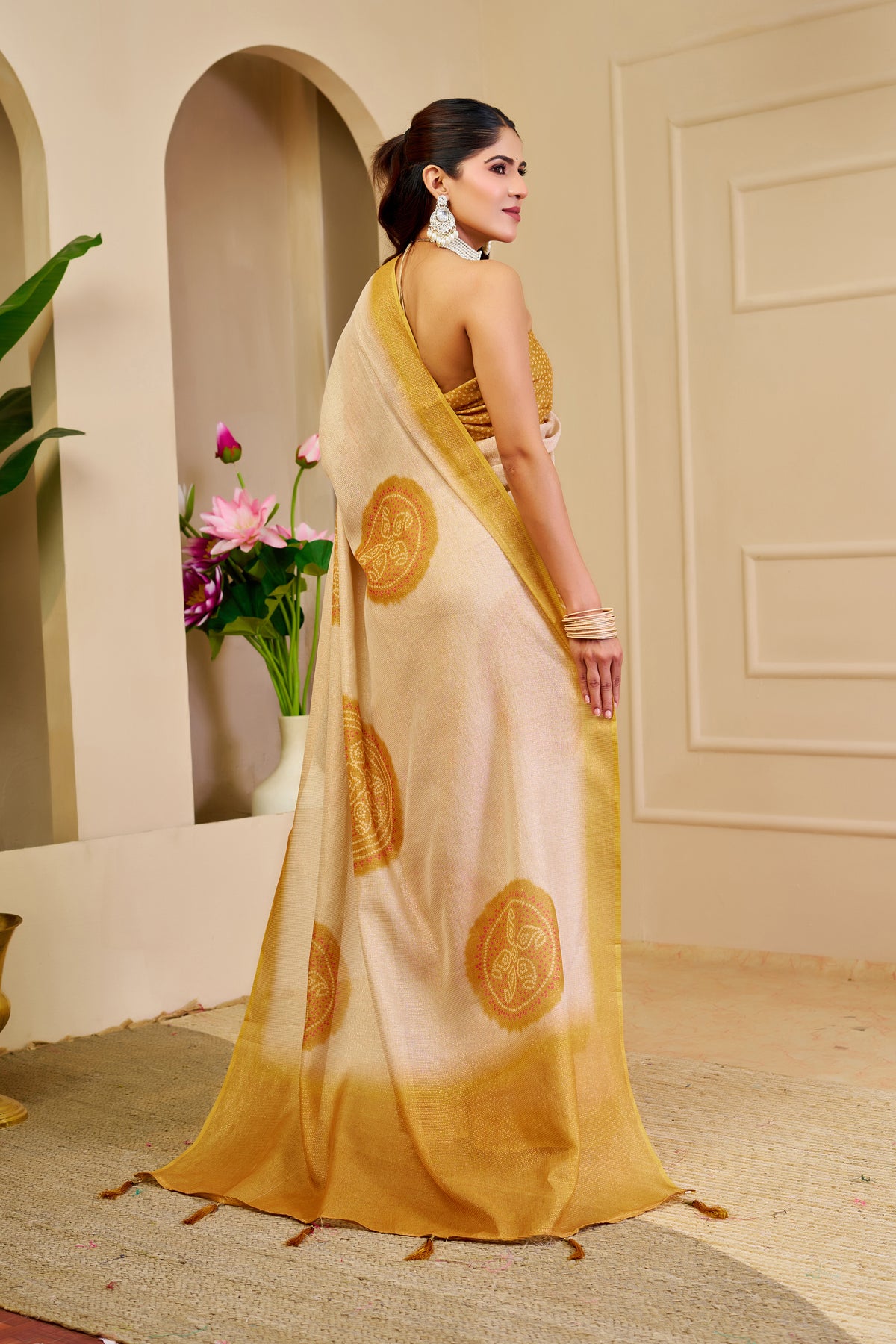 Cream and Gold Tissue Silk Saree with Ornate Circular Motifs, Golden Border and Running Blouse for Festive Occasions