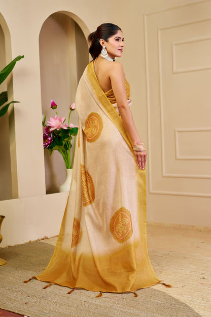 Cream and Gold Tissue Silk Saree with Ornate Circular Motifs, Golden Border and Running Blouse for Festive Occasions