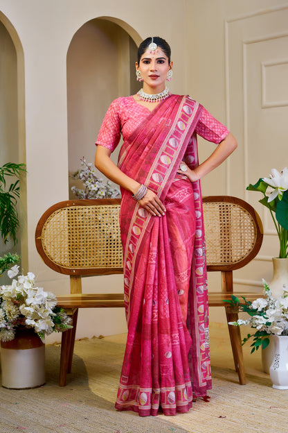 Rose Pink Tissue Silk Saree with Decorative Border & Horse Motif Pallu, 6.3 m with Running Blouse for Festive Occasions