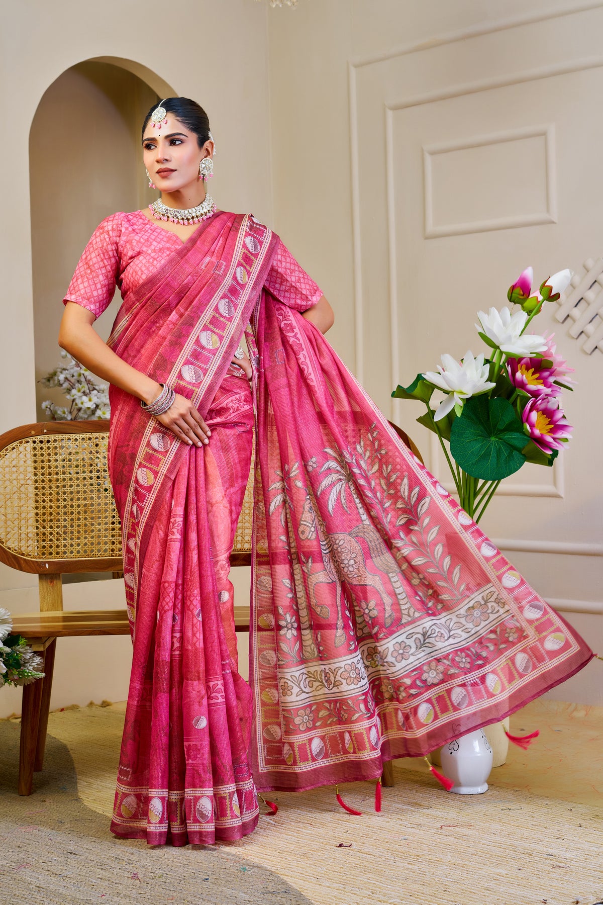 Rose Pink Tissue Silk Saree with Decorative Border & Horse Motif Pallu, 6.3 m with Running Blouse for Festive Occasions